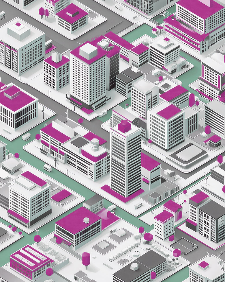Isometric cityscape with white and grey buildings featuring magenta rooftops, arranged in a grid with roads, waterways, vehicles, and trees—symbolising urban planning, infrastructure, or modern architectural design.