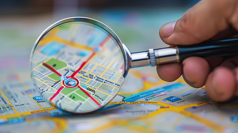 Close-up of a hand holding a magnifying glass over a colourful city map, enlarging a section with streets, blocks, and a red “X” marking a point of interest.